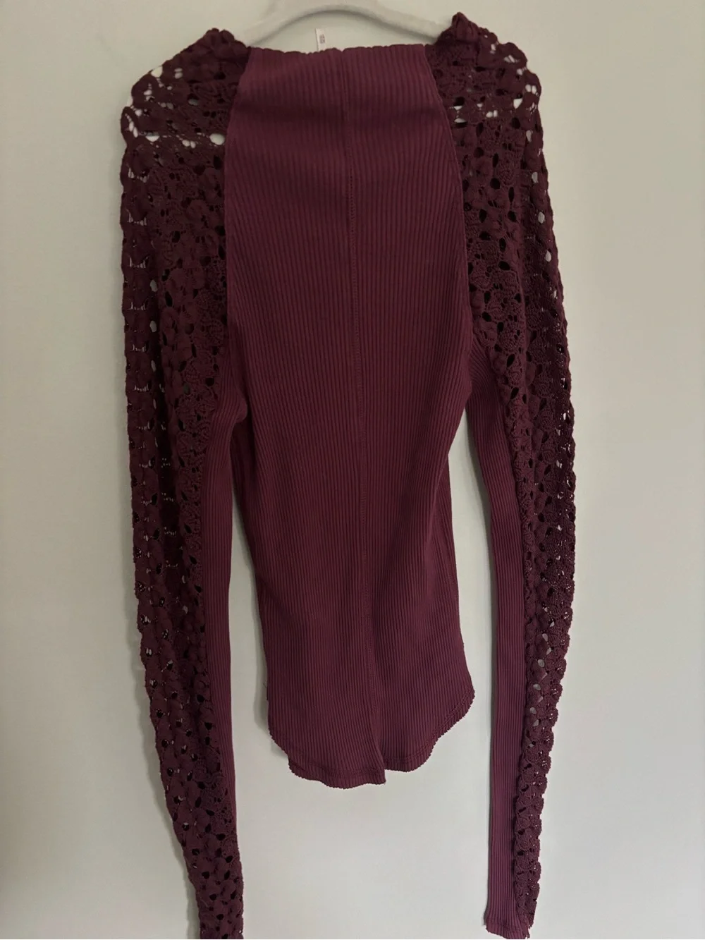 Free People Crochet-Sleeve Ribbed Long Sleeve Top - Plum XS
